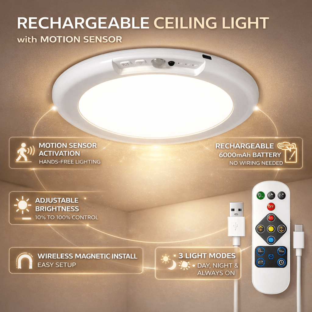 Lumae™ - Hands-Free Rechargeable Ceiling Light for Closets